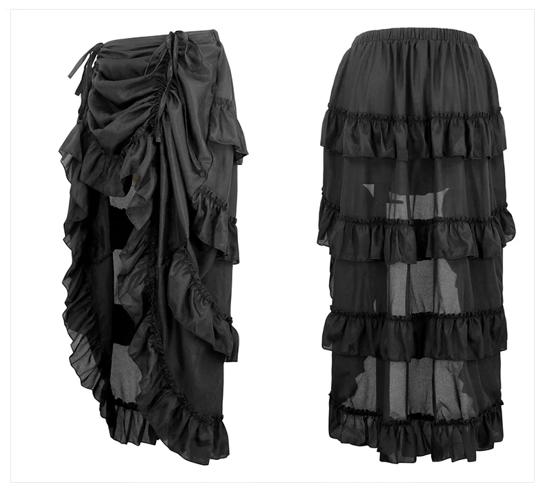 Charmian Женская юбка размера плюс в викторианском стиле, готическая юбка в стиле стимпанк, сексуальная летняя вечерняя черная юбка с оборками, винтажная юбка с высокой талией и низкой талией