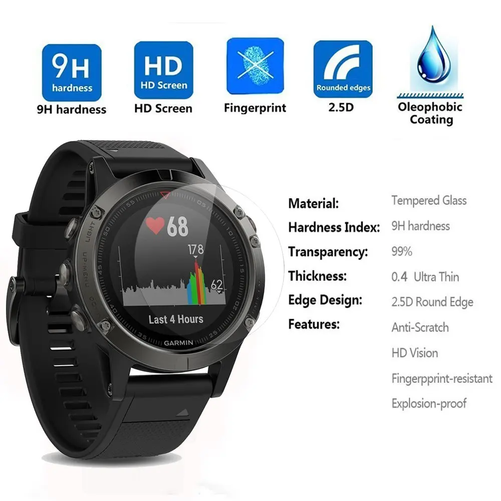 YOOSIDE-2-Pcs-Tempered-Glass-Watch-Screen-Protector-9H-Real-Full-Coverage-Film-for-Garmin-Fenix
