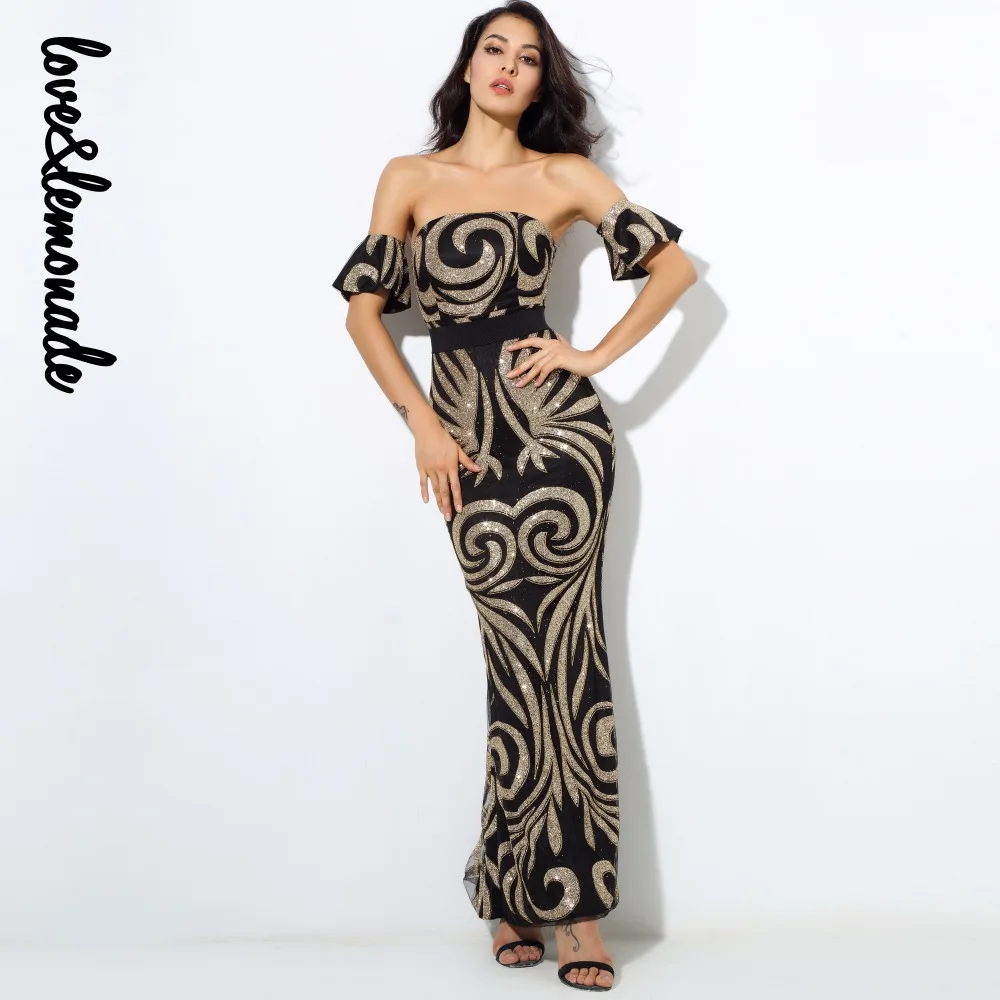 Love&Lemonade Geometric Pattern Beads Bra Long Dresses Black/Gold LM0213