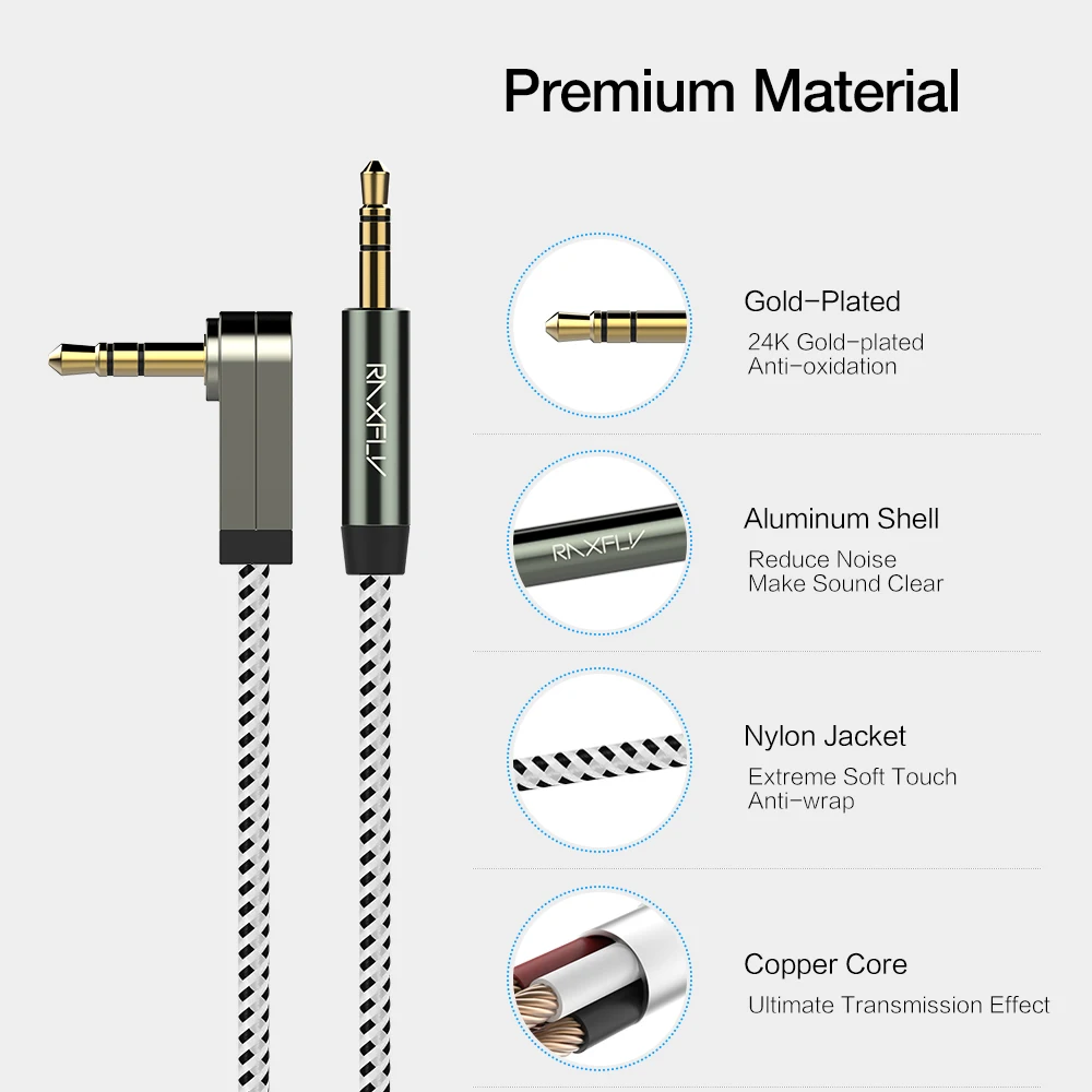 RAXFLY [0.5M 1M 2M] 3.5MM AUX Cable For Car Speaker 3.5 Jack Male to Male Audio Cable 90 Degree Angle Jack 3.5 For Headphone MP3