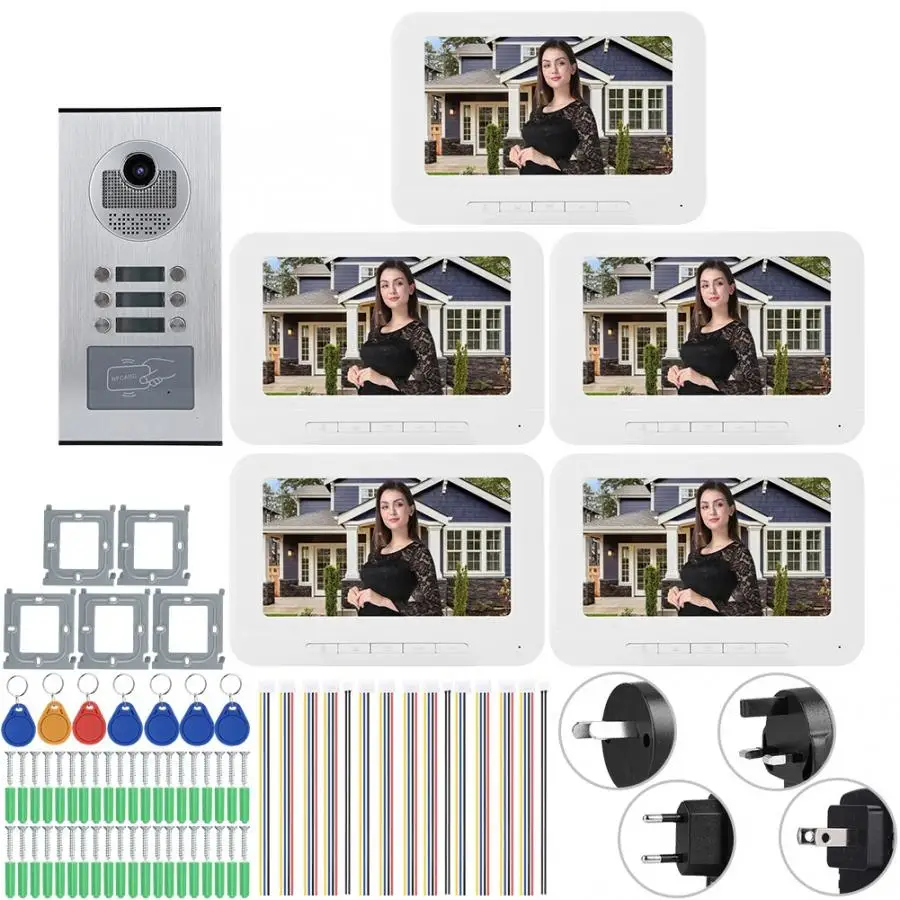 

5 Apartments 7inches 1000TVL HD Video Door Phone Monitor Intercom Doorbell IR-CUT Camera