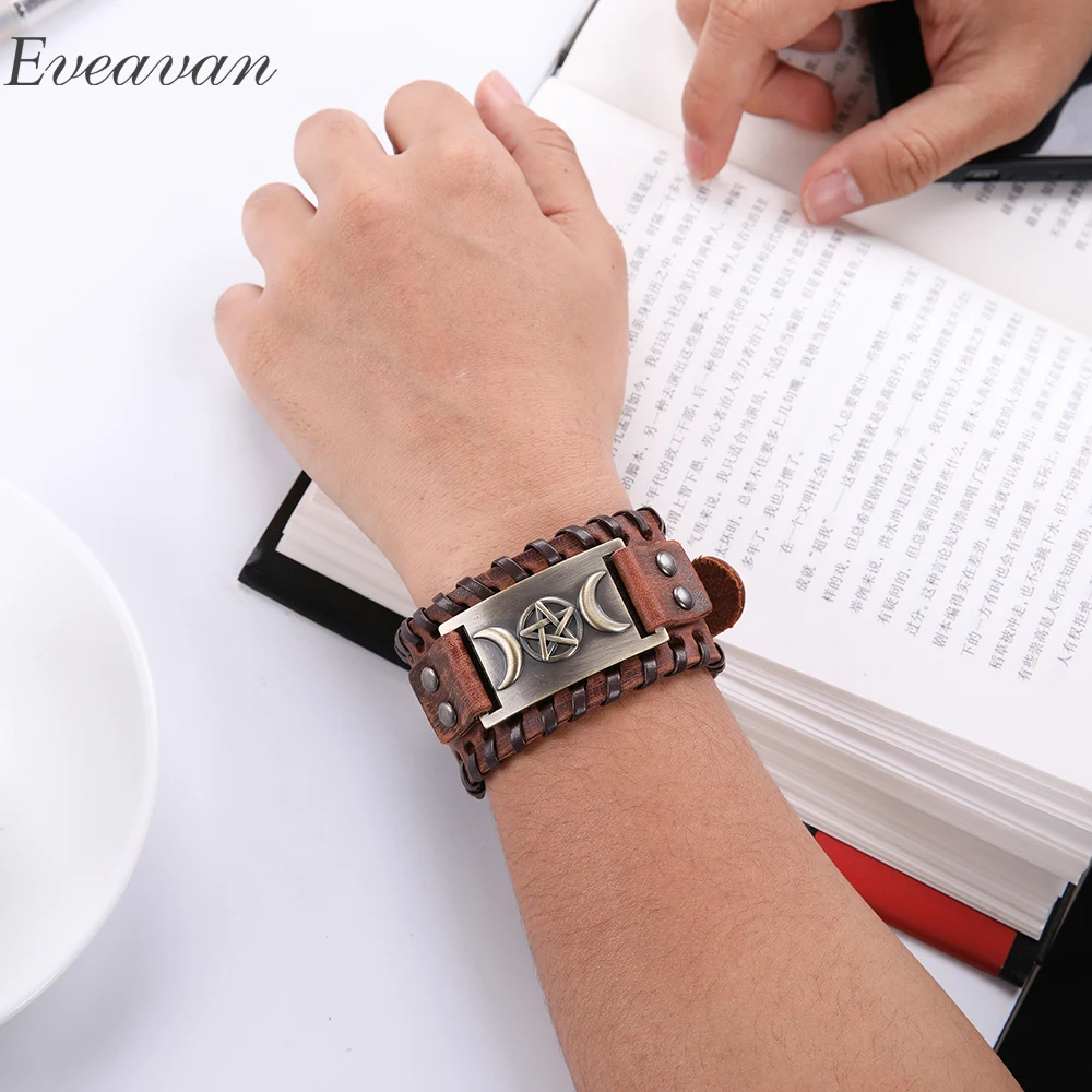 

EUEAVAN 5pcs Wholasale Triple Moon Goddess Wicca Bracelet Magic Amulet Talisman Vintage Wide Braided Leather Jewelry For Men