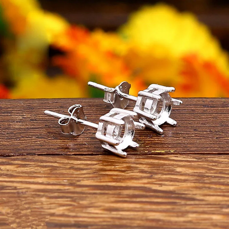 

925 Sterling Silver Women Stud Earrings 5x5mm Round Cabochon Semi Mount Earrings for Amber Agate Opal Setting Wholesale