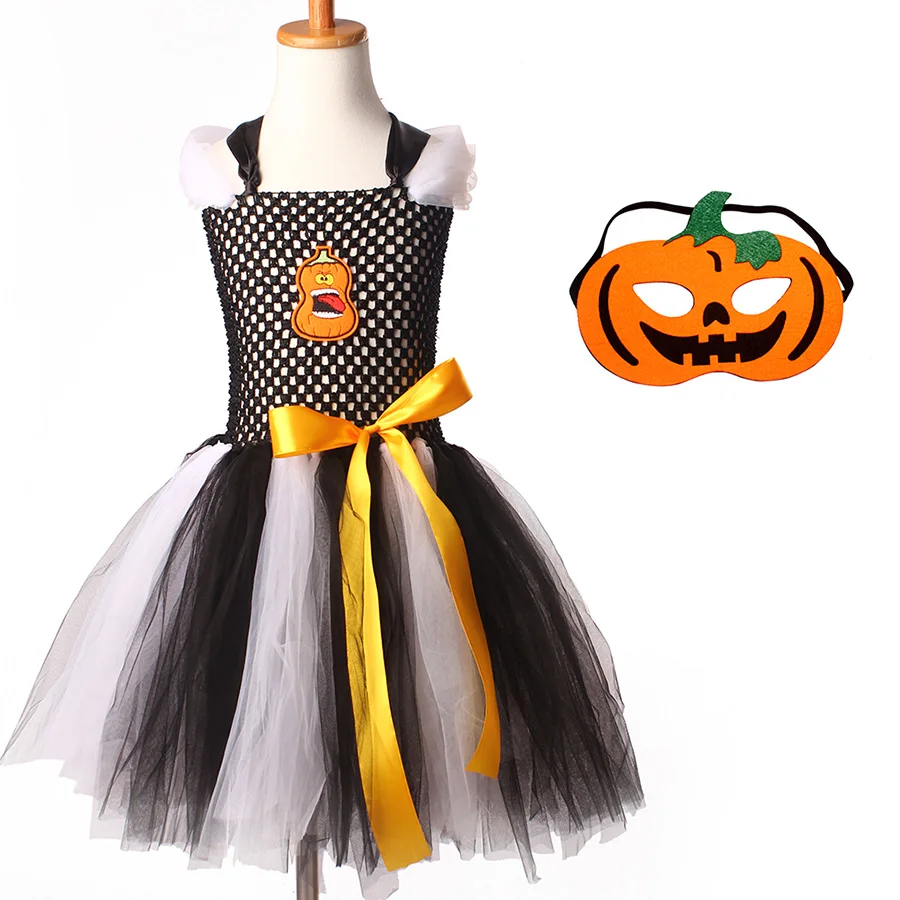 Kids Halloween TUTU Dress Girls Black White Tulle Costume with Pumpkin Mask (15)