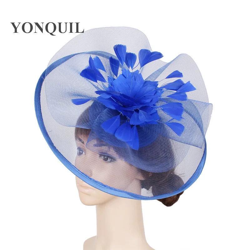 Feather Flower Fascinator Wedding Hair Clip And Headband Women Royal Blue Tea Party Ascot Bridal Church Show Hat