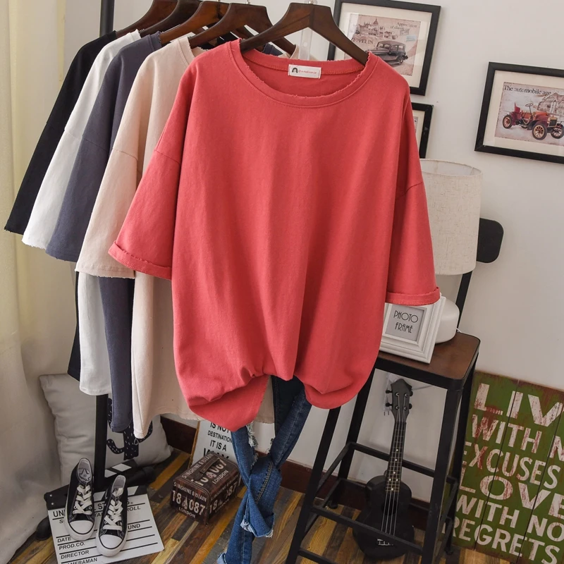 

2019 New Autumn Loose Cotton Tees Women Short Sleeve High Quality Hip Hop Hole T Shirts Unisex Lazy Oversized Tops
