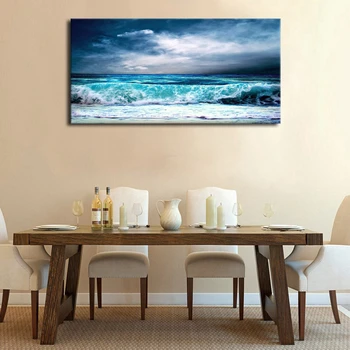 

Ocean Aqua Waves Canvas Wall Art Picture Stormy Weather Blue Sky Artwork Blue Sea Beach Painting for Office Home Wall Decor Gift