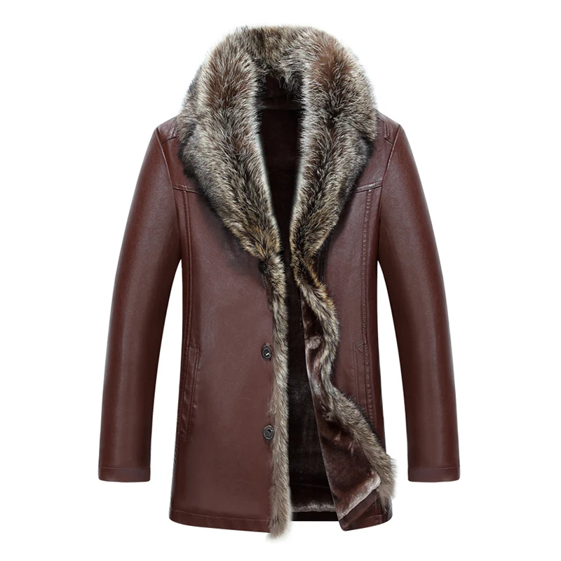 

2019 High Quality Men Leather Jacket Faux Sheepskin Coat Winter Leather Coat Overcoat Leather Jacket Fur Men Raccoon Fur Collar