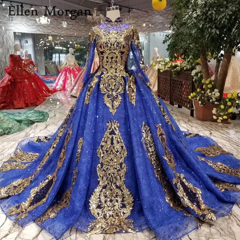 Royal Blue Long Sleeves Wedding Dresses 2019 High Neck Chapel Train ...