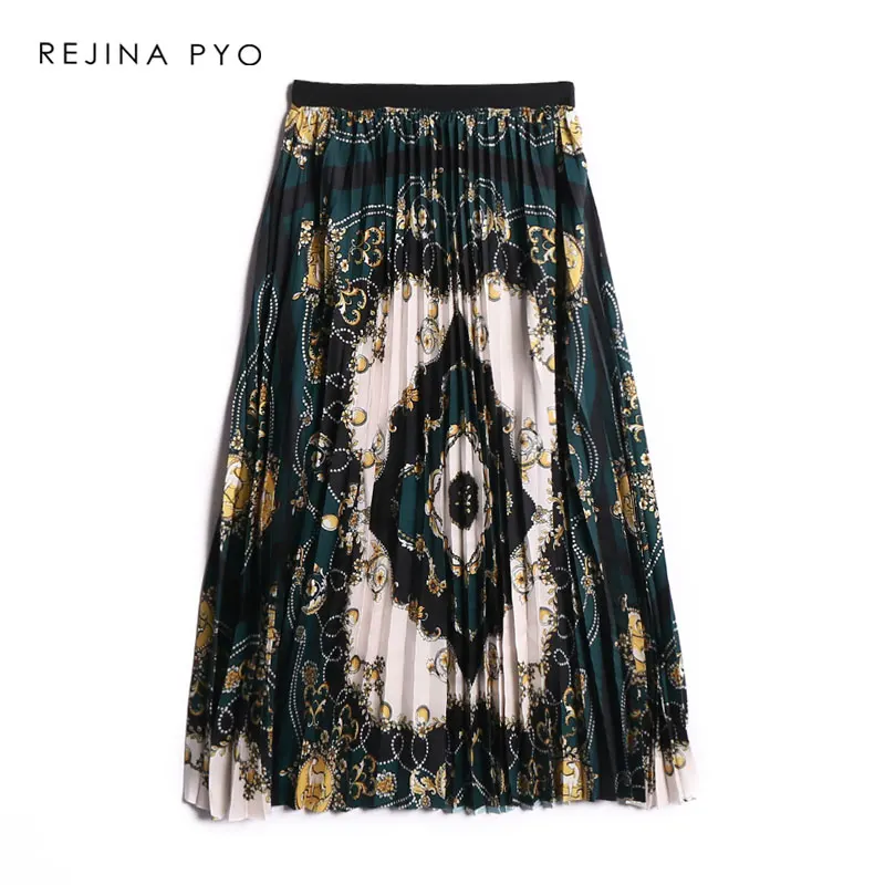 

REJINAPYO Women Green Floral Printed Pleated Skirt Female High Waist Elastic Fashion Skirt Ladies Casual Autumn Mid-calf Skirts