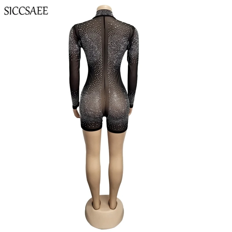Rhinestone Beaded Bodycon Bodysuit V Neck Zipper Front See Through Mesh Bandage Jumpsuits Shorts Sexy Glitter Playsuits Sparkly Rhinestone Beaded Bodycon Bodysuit V Neck Zipper Front See Through Mesh Bandage Jumpsuits Shorts Sexy Glitter Playsuits Sparkly