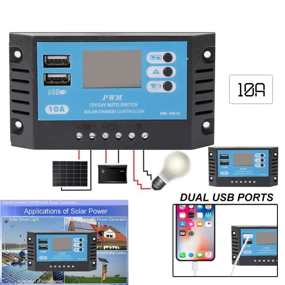 Отличительный 10A 12 V 24 V Автоматический Контроллер заряда с ЖК-дисплеем Dual USB 5 V Выход солнечная батарея для телефона регулятор зарядного устройства