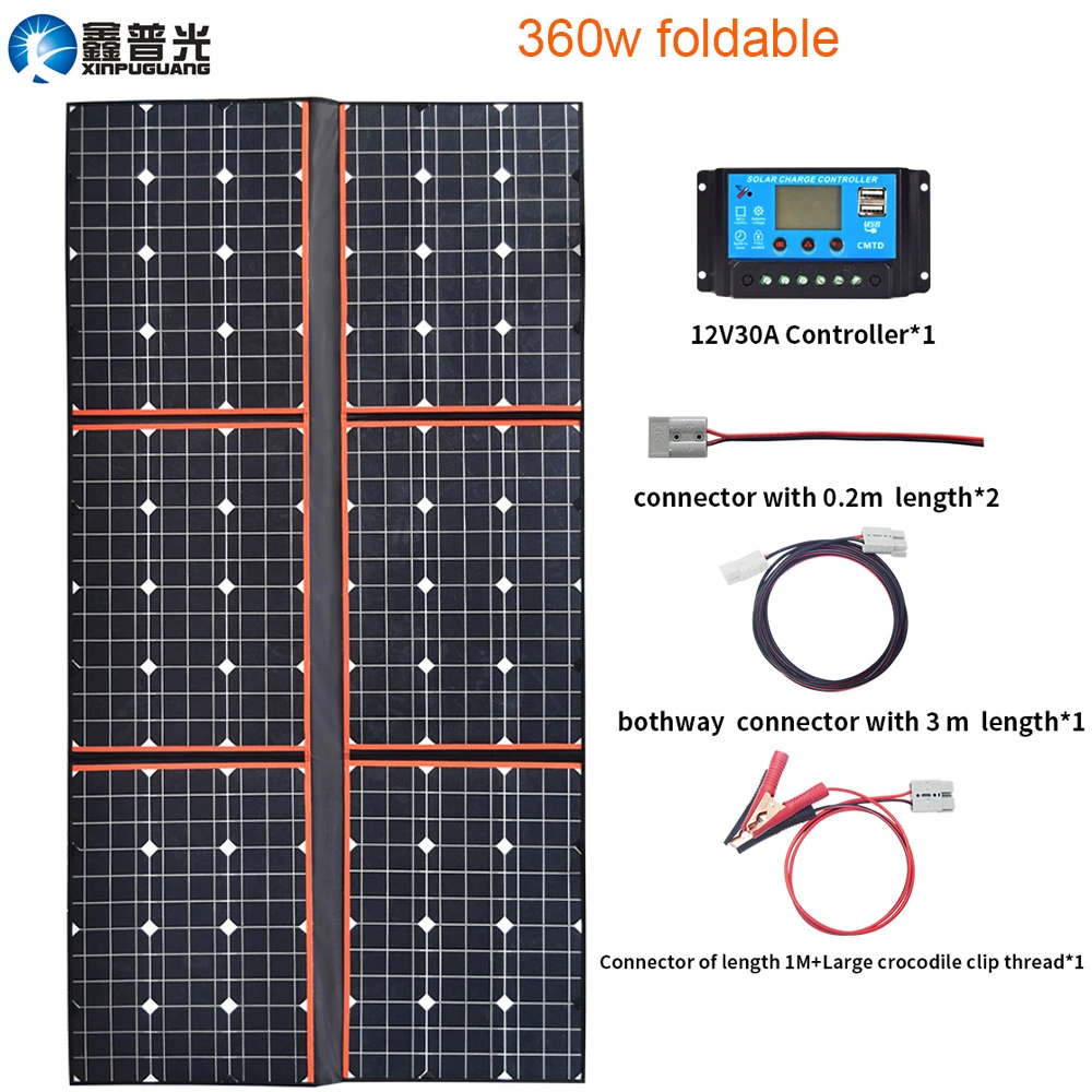 

XINPUGUANG 360W ETFE Solar Panel Portable Foldable Bag Module Cable 30A USB Controller for 12V Outdoor camping charger