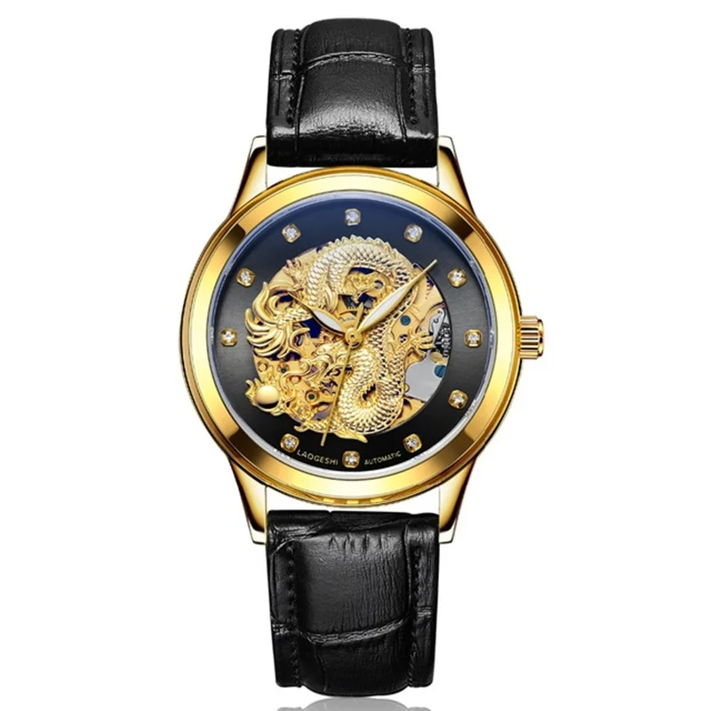 

2018 New Famous Brand Dragon & Phoenix Gold Watch Women Leather Hollow Engraving Automatic Mechanical Men Fashion Casual Watches