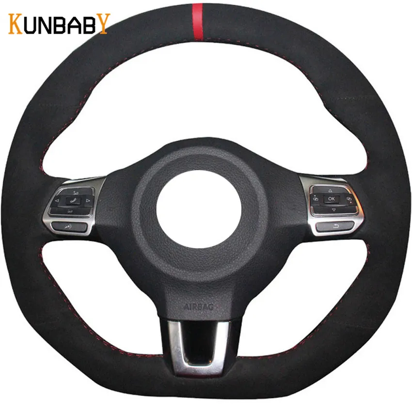 KUNBABY Black Suede Hand-stitched Car Steering Wheel Cover for Volkswagen Golf 6 GTI MK6 VW Polo GTI Scirocco R Passat CC R-Lin KUNBABY Black Suede Hand-stitched Car Steering Wheel Cover for Volkswagen Golf 6 GTI MK6 VW Polo GTI Scirocco R Passat CC R-Lin