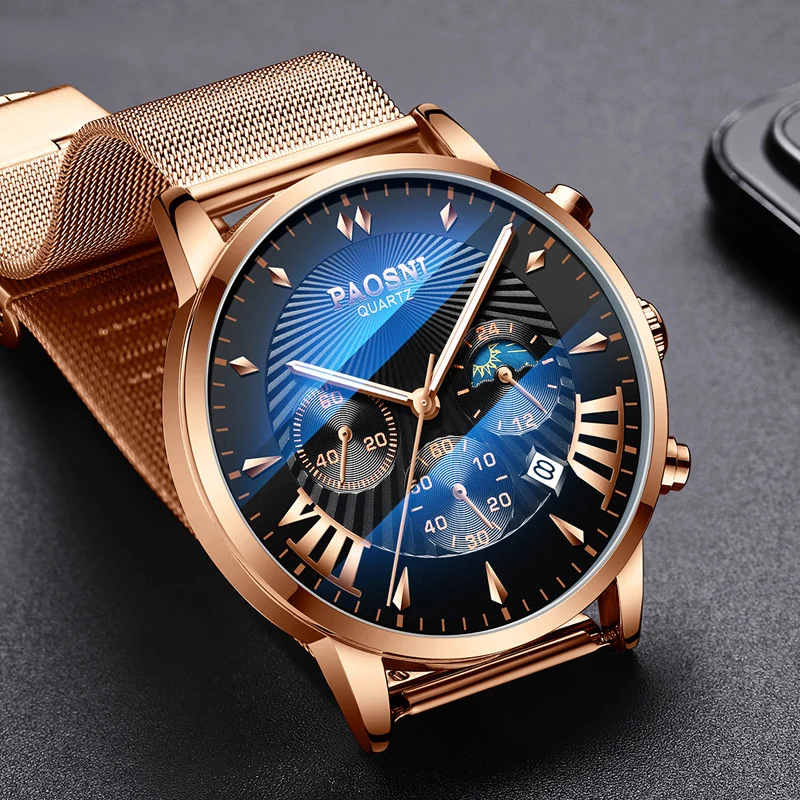 

2019 New Casual Mesh Belt Fashion Gold Quartz Watch Mens Watches Top Brand Luxury Waterproof Sport Wristwatch With Moon Phase