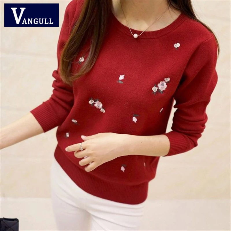 

Autumn Winter 2018 casual Women's Clothing knitted sweater Flower Embroidered pullover round neck long sleeve lady sweater