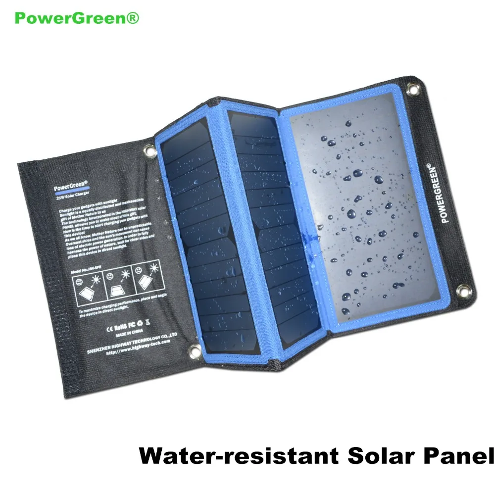 Double USB Solar Charger PowerGreen 21 Watts Foldable Solar Power Backpack Solar Cell Panel with Carabiner