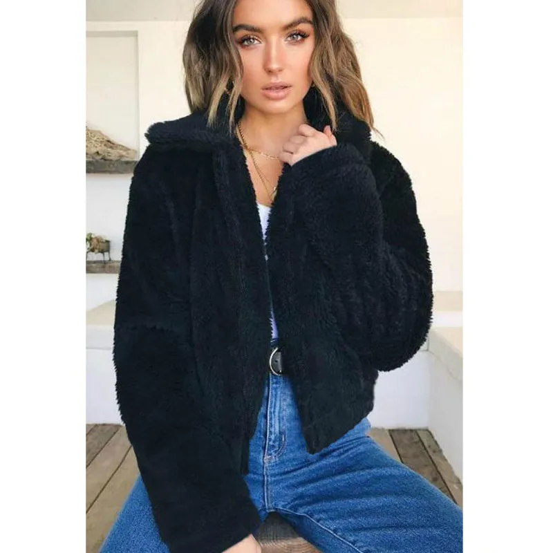 hirigin Autumn Women Fleece Fur Jacket Full Zipper Turn-down Collar Oversized Plush fabric Warm Coat Cool Ladies Solid Jacket