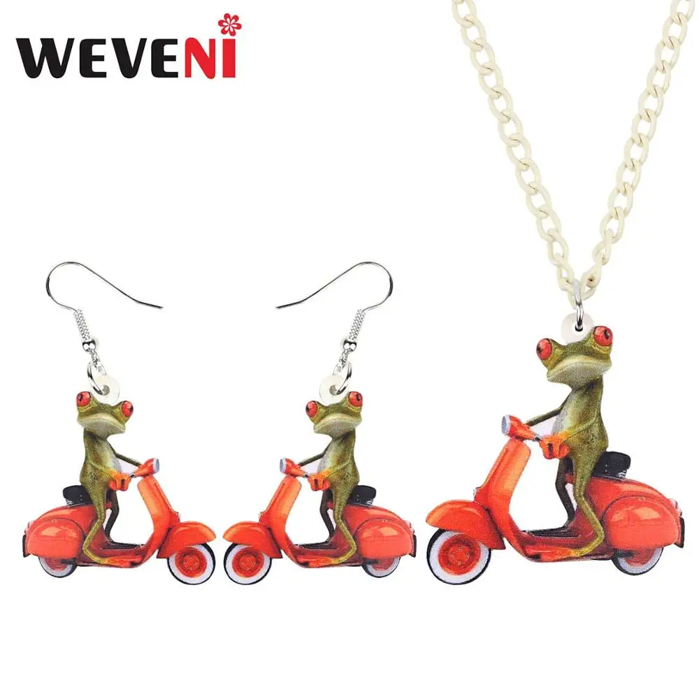 WEVENI Acrylic Jewelry Sets Orange Motorcycle Frog Necklace Earrings Drop Funny Animal Pendant For Women Girls Lovers Gift | Украшения и