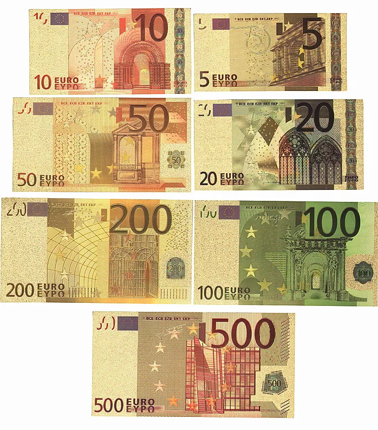 7pcs/lot 5 10 20 50 100 200 500 EUR Gold Banknotes in 24K Gold Fake Paper Money for Collection Euro Banknote Sets