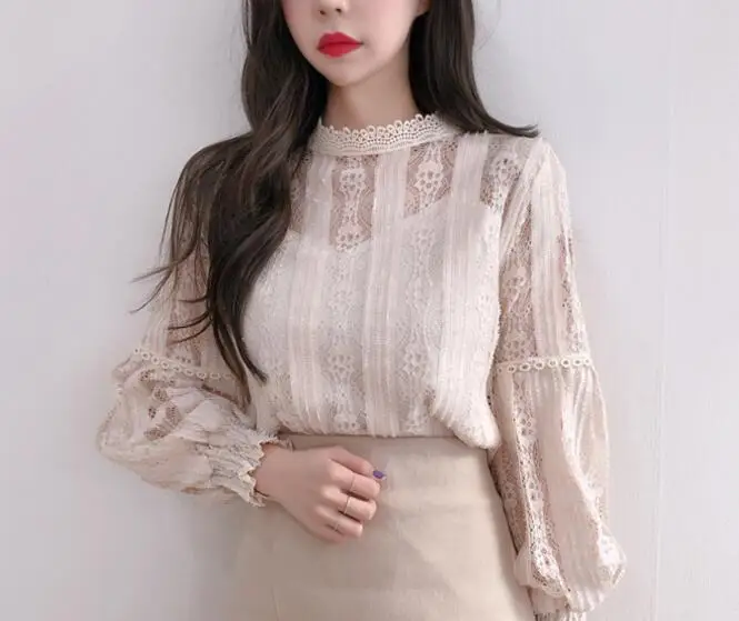  Dingaozlz blusas femininas elegante Lantern sleeve Women blouse Hollow out Lace Tops Casual Crochet