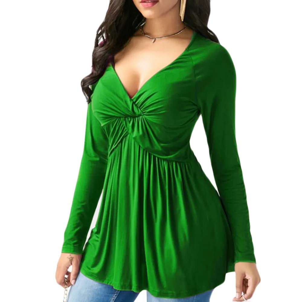 Сексуальная Блузка с глубоким v-образным вырезом, топы размера плюс, женская модная однотонная расклешенная блуза с длинным рукавом, Roupas Femininas/PY