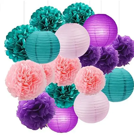 Paper Pom Poms Flowers Mermaid Party Under The Sea Decor Birthday Baby Shower Wedding Party Decoration 9pcs Purple Teal Lilac