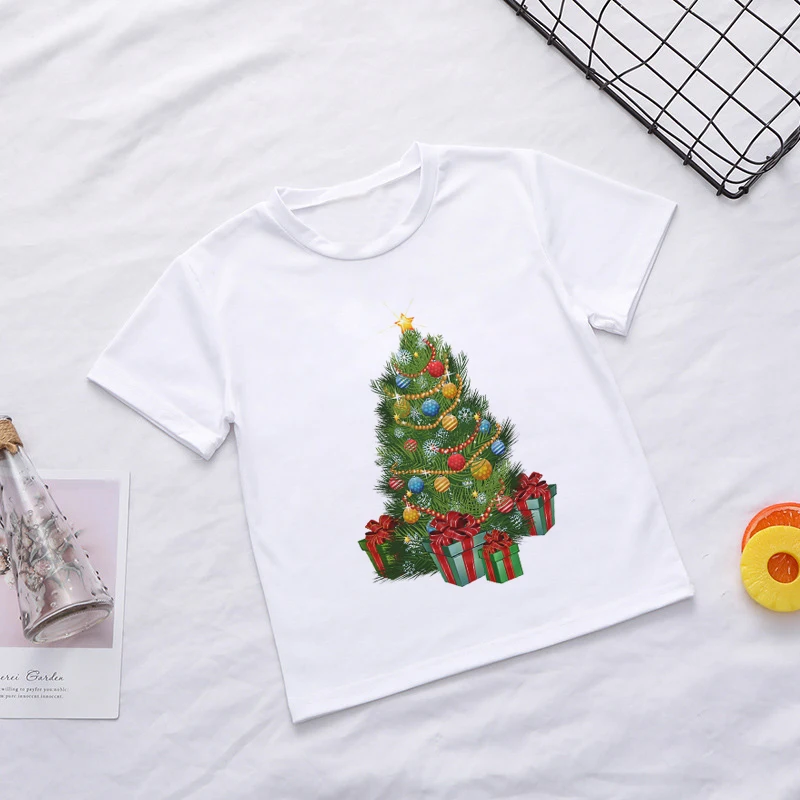 Новинка года; топы для мальчиков; летняя футболка с принтом рождественской елки детская Милая забавная футболка для девочек одежда для отдыха Нормальная длина - Цвет: 596