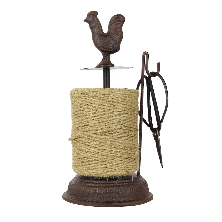 

European Accents Antique Rustic Handmade Home Tabletop Decor Cast Iron Big Size Rooster Figure Design Hemp Rope Roll Holder