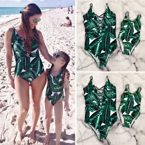 2018 familie Passenden Badeanzug Mutter Tochter Frauen Mädchen Grün Sommer Bodysuit Badeanzug Bademode