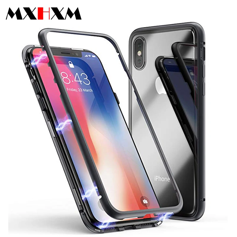 

Magnetic Adsorption Case Ultra Slim Metal Frame Tempered Glass with Built-in Magnet Flip Cover for iPhone 678 Plus X XR XS MAX