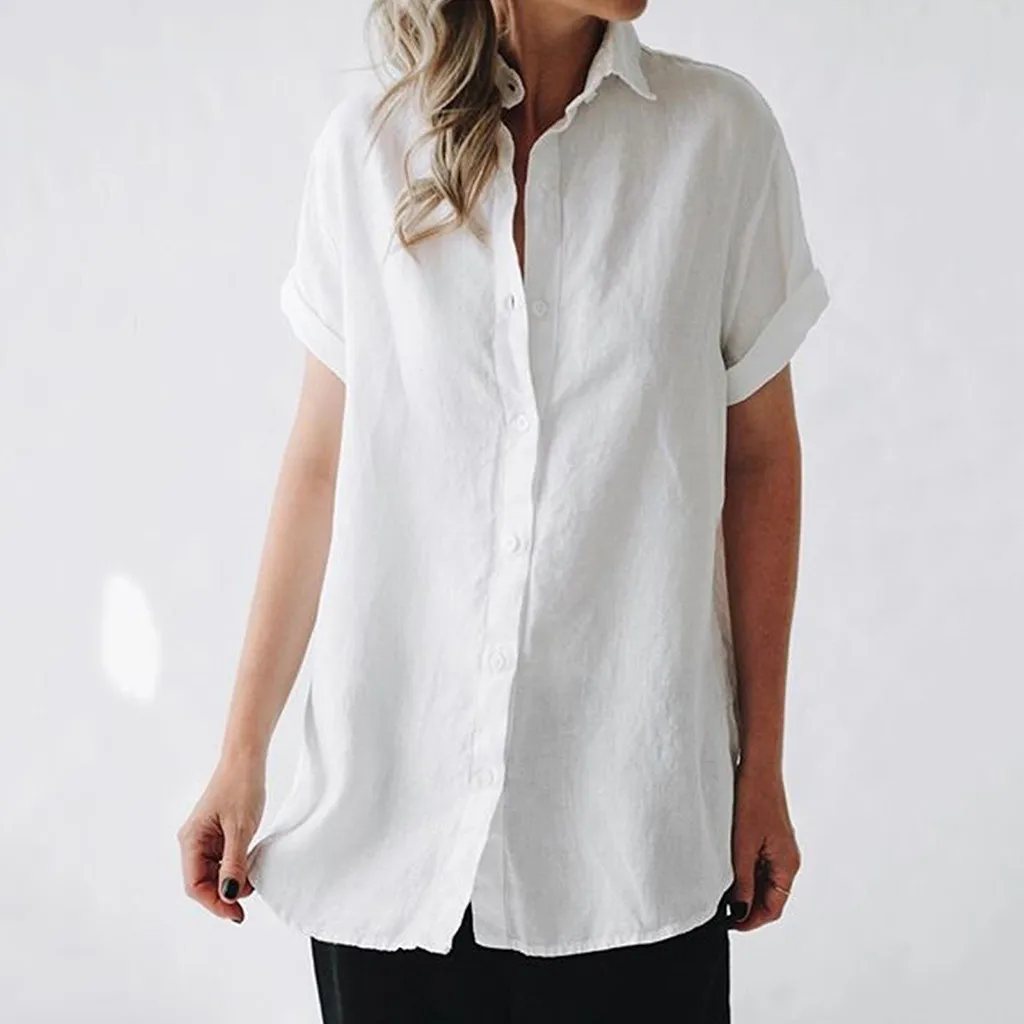 

Womens Blouse Solid Color Casual Lapel Neck Ladies Short Sleeve Buckle Blouse Tops blusas mujer de moda 2019 camisas mujer NEW