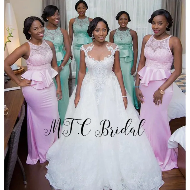 

Новейшие розовые платья подружки невесты, оптовая продажа, кружевной топ, атласное платье в пол, мятно-зеленое, платье Африканской подружки невесты, дешево