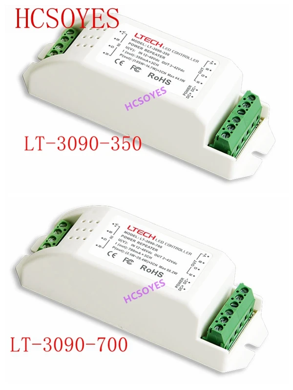 

LTECH LT-3090-350/LT-3090-700 led controller Led CC Power Repeater,DC12-48V input;CC 350mA*3CH 700mA*3CH output led controller