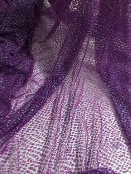 

fast shipping yaking-61206 glued glitter print african mesh tulle lace in purple color for party dress