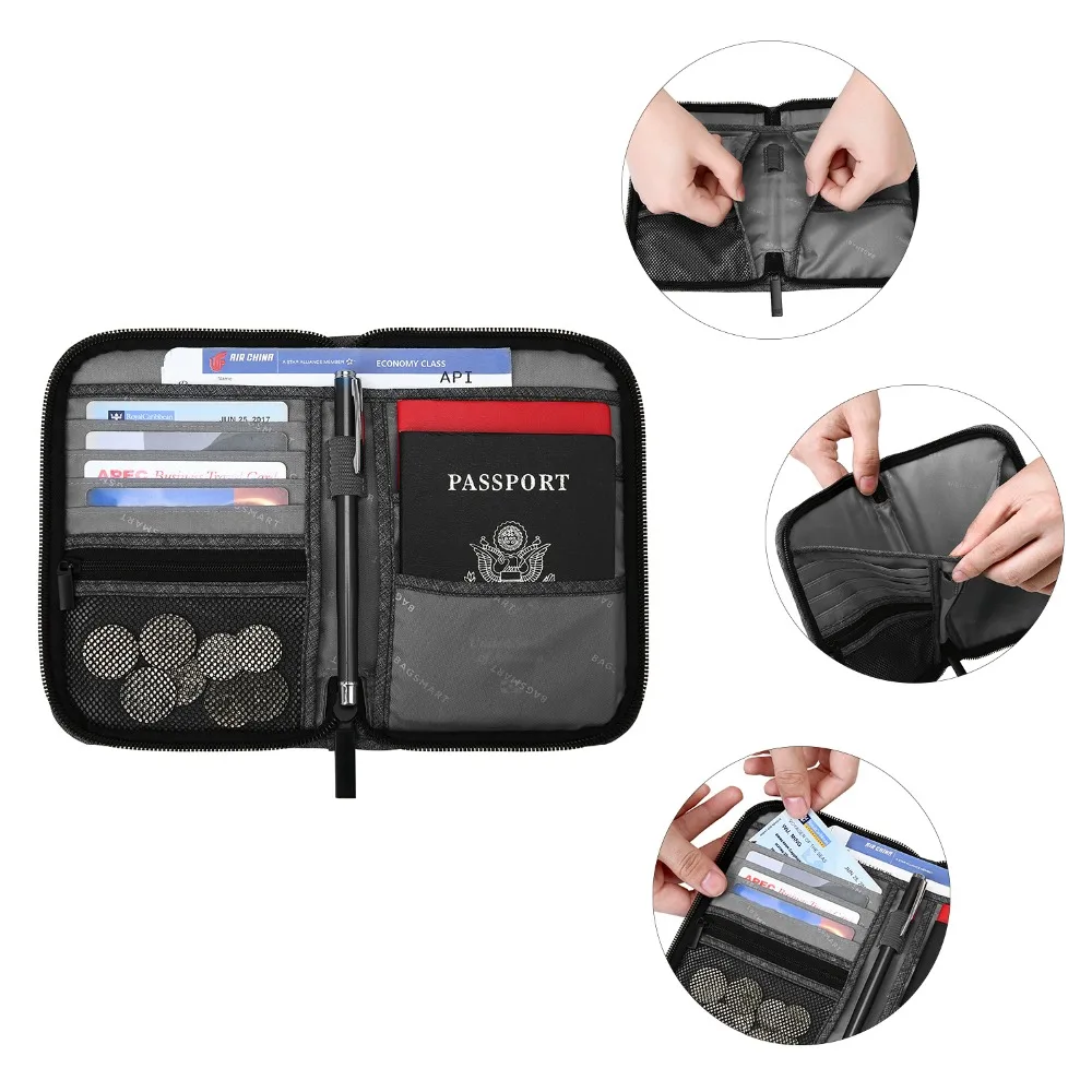 BAGSMART Multifunction Travel Passport Bag RFID Passport ID Card Holder Bank Card Bag Clutch Holder Zipper Case Purse
