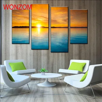 

Paintings For Living Room Wall Canvas Painting 4 Panel Dusk Ocean Cuadros Decoracion Tableau Peinture Sur Toile