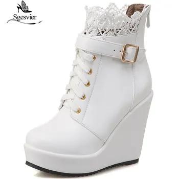 

Sgesvier Women Ankle Boots Back Zipper Platform Motorcycle Boots Winter Warm Plush Wedges High Heel Casual Shoes Woman B921