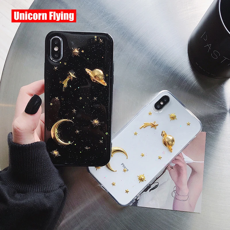 

LinXiang 3D Golden Moon Glitter Star Clear Acrylic Soft TPU Phone Case Back Cover For iphone 6 6s 7 8 Plus X XS Max XR