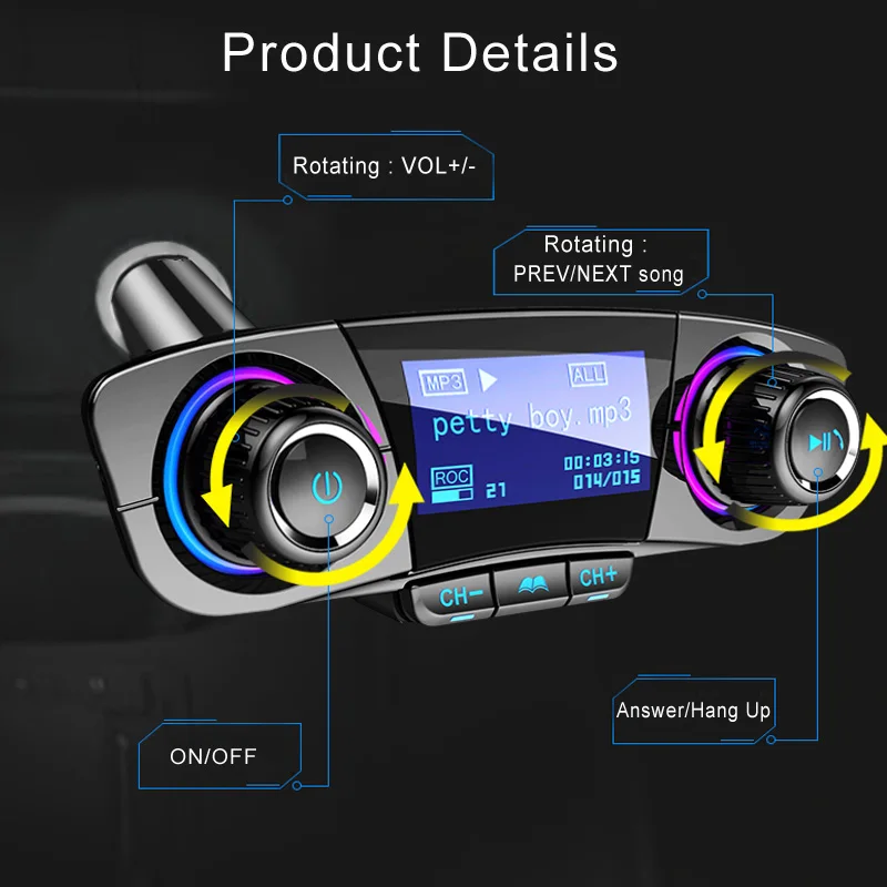 JINSERTA Power ON OFF Bluetooth 4.0 FM Transmitter Modulator Handsfree Car Kit TF USB Music AUX Audio MP3 Player