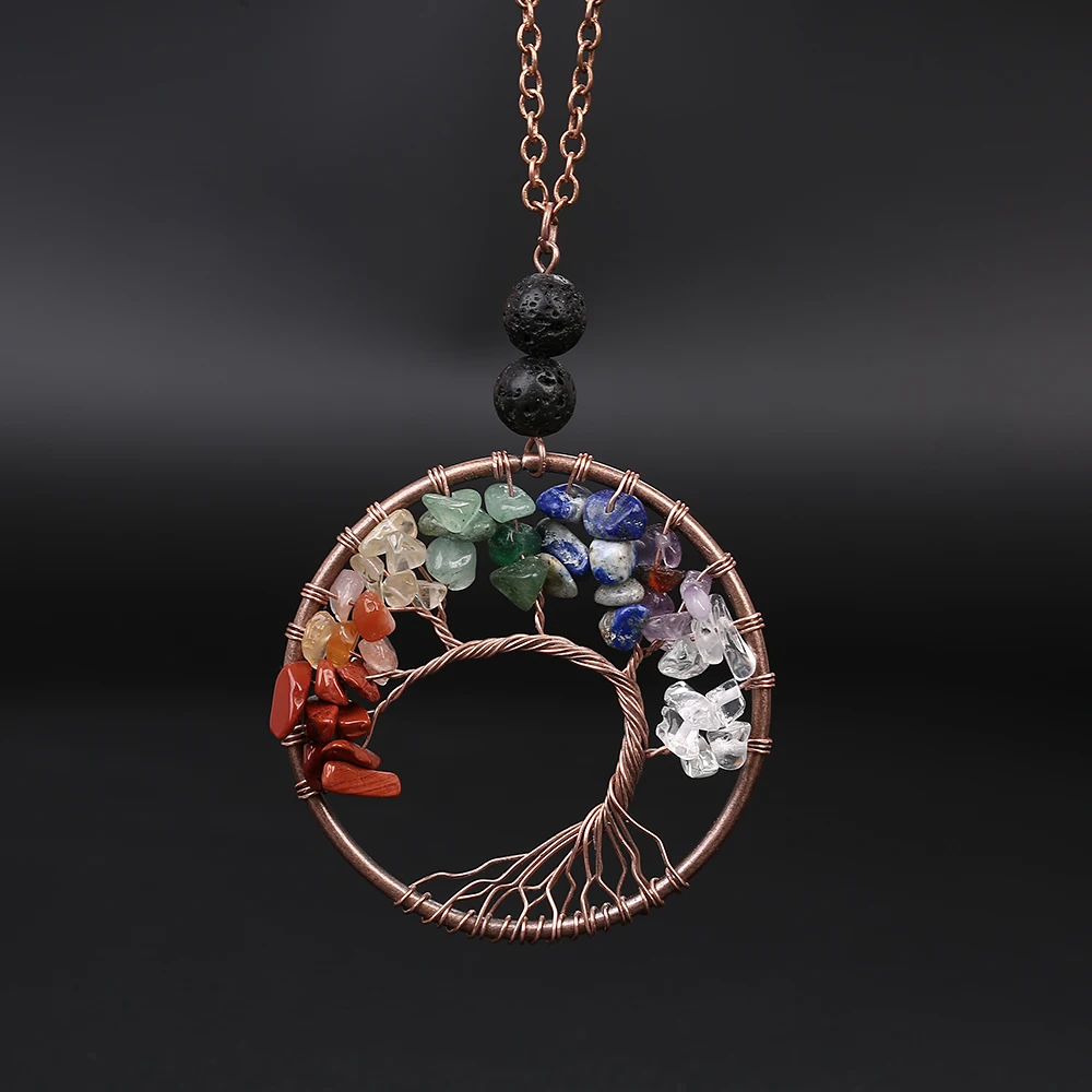 7 Чакра Древо жизни кулон ожерелье кристалл натуральное ожерелье из вулканического камня кварцевые камни рейки подвеска-маятник подарок для женщин
