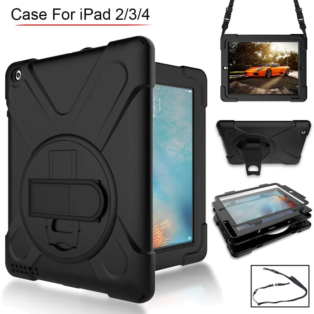 

360 Degree Swivel Stand/Handle Stand & Shoulder Strap Cover Three-Layer Hybrid Full-Body Protective Case For Apple iPad 234
