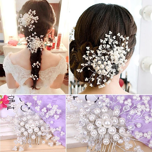 

Faux Pearl Rhinestone Wedding Party Bridal Makeup Flower Hairpin White Hair Comb