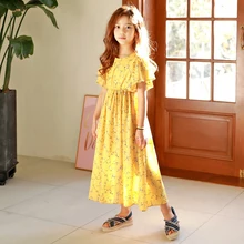 Длинное платье с цветочным принтом для девочек, корейское шифоновое пляжное платье принцессы на весну-лето, праздничное платье для маленьких девочек