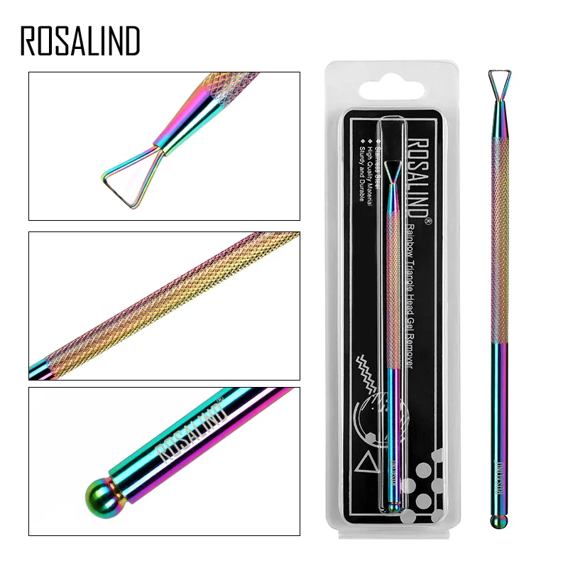 

ROSALIND Culticle Pusher UV Gel Polish Remover Triangle Head Rod 1PCS Rainbow Stainless Steel Pusher Manicure Nail Art Tool
