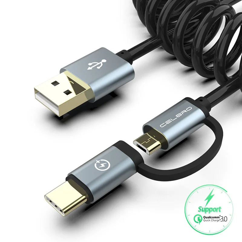 

2 In 1 2in1 Retractable Micro USB Cable Usb Type-C Charging Spring Coiled Cable Usb-c Wire Cord for Samsung S10 M20 A8 A9 2018