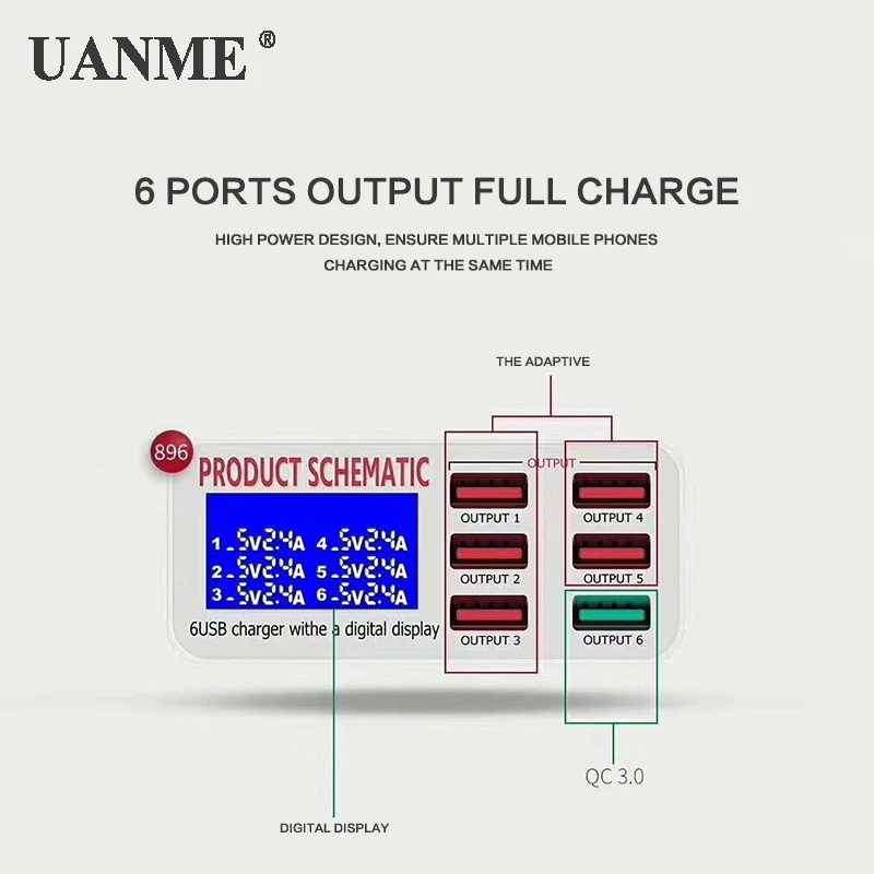 Умное зарядное устройство USB UANME QC3.0 со светодиодным дисплеем 6 портов быстрая