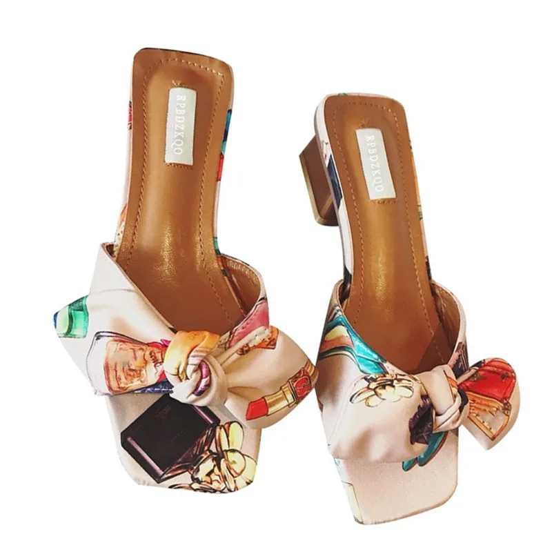 Bowtie Chunky Sandals Low Heel Slippers Open Toe Heels Pumps Floral Print Slides Bow Satin Shoes Kawaii Cute Purple Pink Women