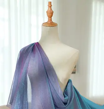 

Blue laser illusion hollow polyester fabric mesh gown color change perspective mannequin wedding dresses prom tweed fabric A015